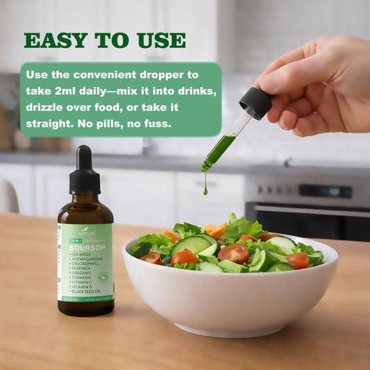 Soursop Drops 10-in-1 With Seaweed, Moringa, Black Seed Oil, Oregano, Ashwagandha, Chlorophyll Herbal Extracts Promote Overall Health Vegan 2 Fl Oz