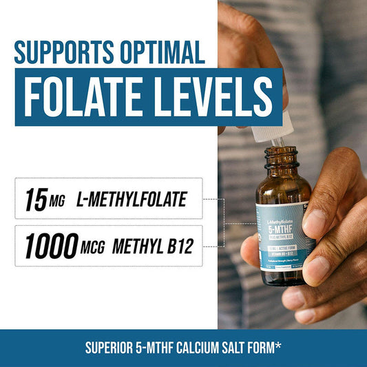5-MTHF L-Methylfolate Liquid Drops 15mg Active Folate With Methyl B12-1000mcg Supports Folate Levels Energy, 60ml