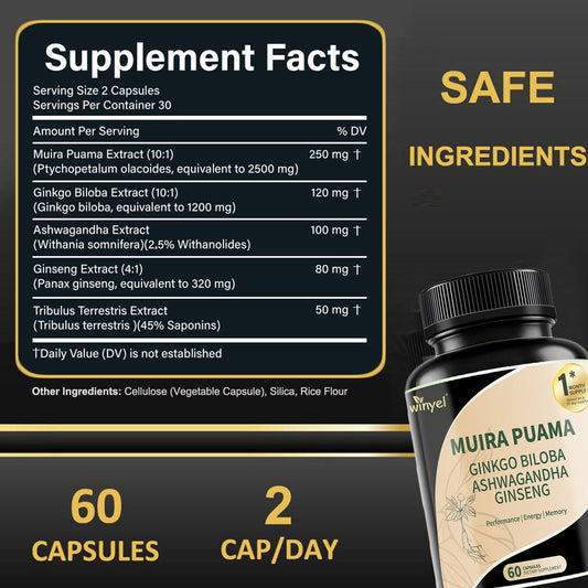 Muira Puama Ginseng Ashwagandha Ginkgo Tribulus Herbal Supplements Unleash Your Potential Through Our Pills Dietary Supplements, Help Promote An Active And Healthy Lifestyle 60 Capsules