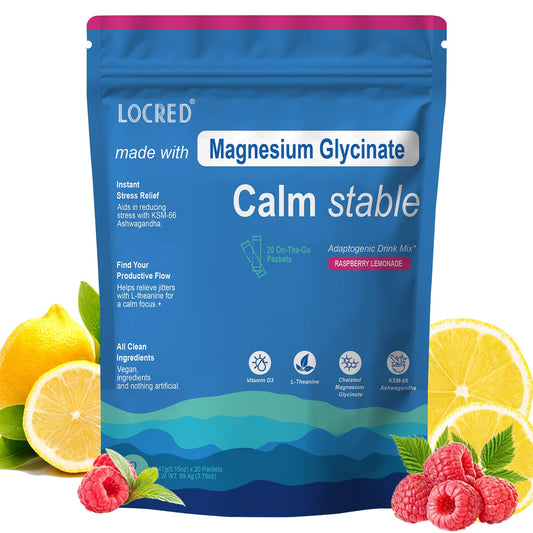 Magnesium Glycinate Calm Stable Drink Mix, Raspberry Lemon Flavor, Stress Sleep Support Powder Packets, 20 On-The-Go Packets