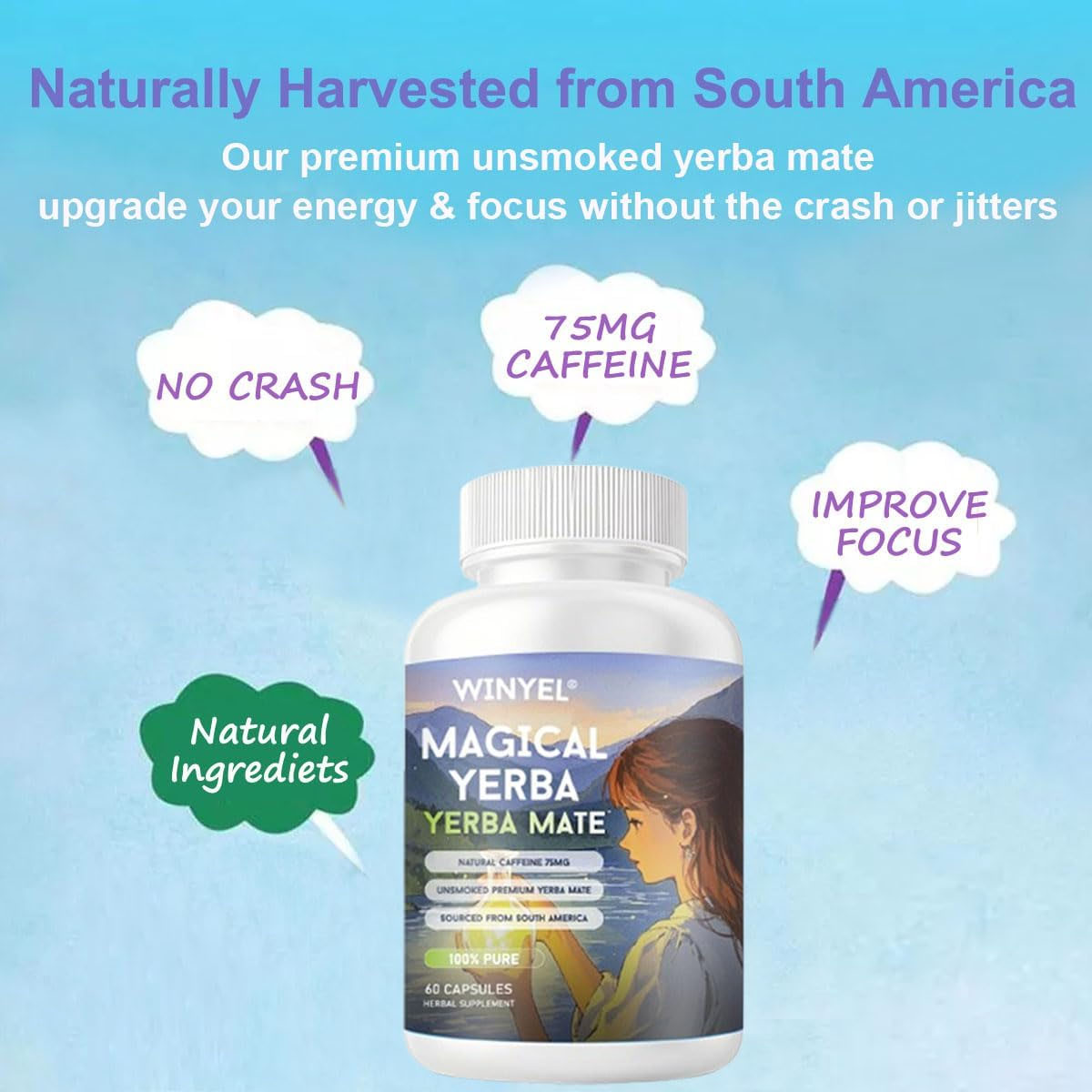 Yerba Mate Capsules 75mg Natural Caffeine Per Capsule Natural Plant-Based Energy & Focus Support Supports Mental Clarity & Digestive Wellness Gut Health 60 Capsules
