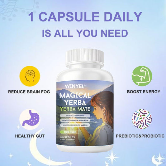 Yerba Mate Capsules  75mg Natural Caffeine Per Capsule  Natural Plant-Based Energy & Focus Support  Supports Mental Clarity & Digestive Wellness Gut Health  60 Capsules