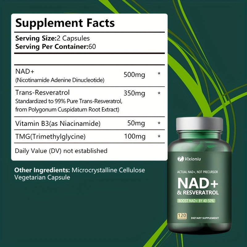 NAD+ Anti-Aging Supplement – Resveratrol for Cellular Energy | 120 Caps
