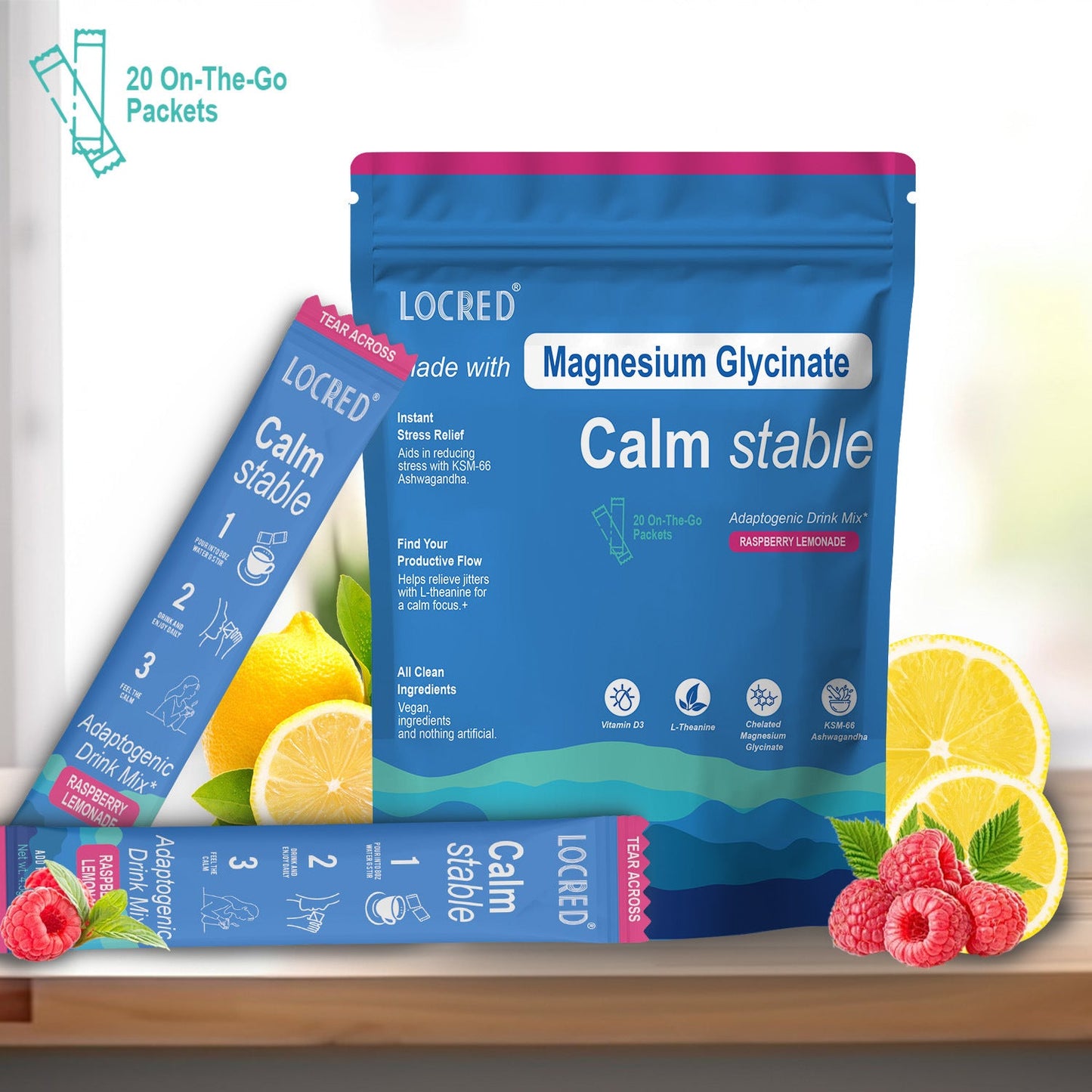 Magnesium Glycinate Calm Stable Drink Mix, Raspberry Lemon Flavor, Stress Sleep Support Powder Packets, 20 On-The-Go Packets