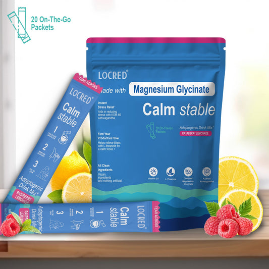 Magnesium Glycinate Calm Stable Drink Mix, Raspberry Lemon Flavor, Stress Sleep Support Powder Packets, 20 On-The-Go Packets