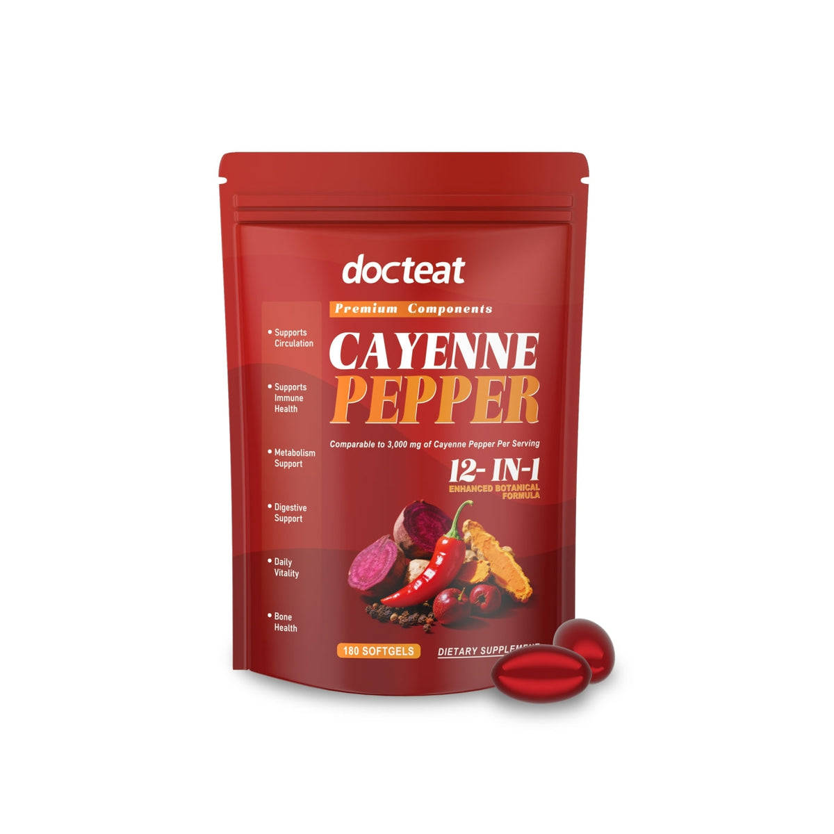 Docteat Cayenne Pepper 12-in-1 Formula Softgels, Premium Dietary Supplement