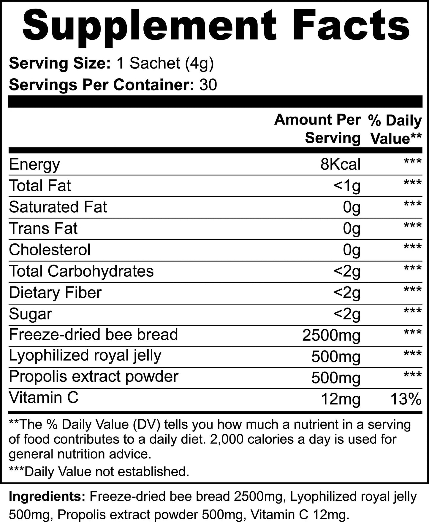 Bee Pearl Powder Energy, Immunity, And Skin Support With Bee Bread, Propolis, Royal Jelly And Vitamin C  30 Sachets