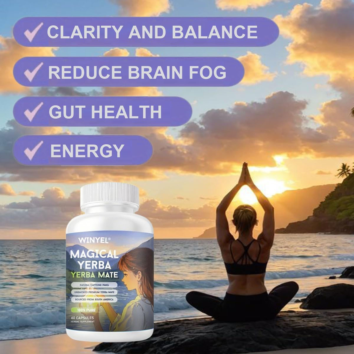 Yerba Mate Capsules  75mg Natural Caffeine Per Capsule  Natural Plant-Based Energy & Focus Support  Supports Mental Clarity & Digestive Wellness Gut Health  60 Capsules