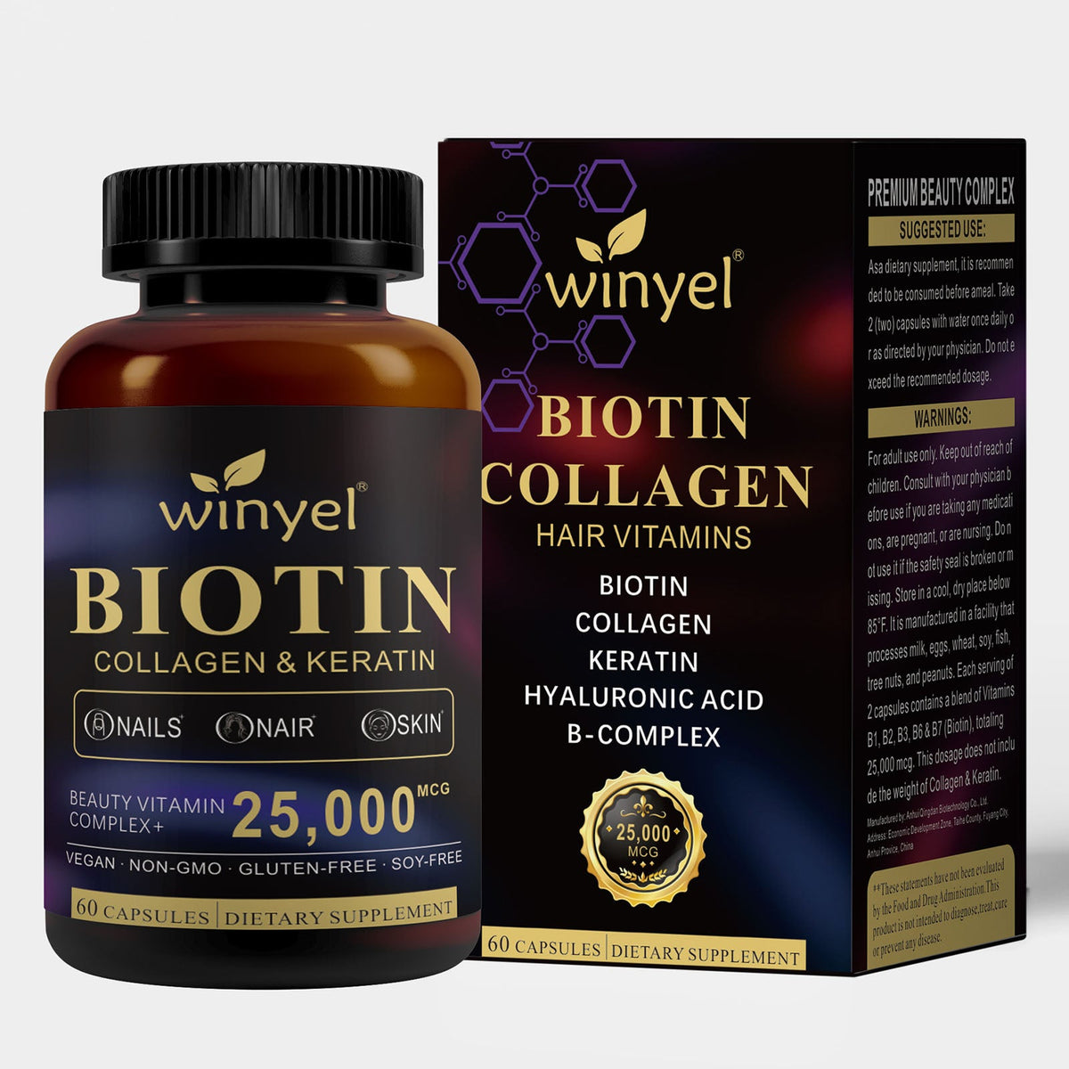 Biotin  Collagen  Hyaluronic Acid  Keratin - Support Normal Hair Growth Cycle - Skin & Nails - 25000mcg Vitamins B1, B2, B3, B6 & B7 - For Women & Men 60 Capsules