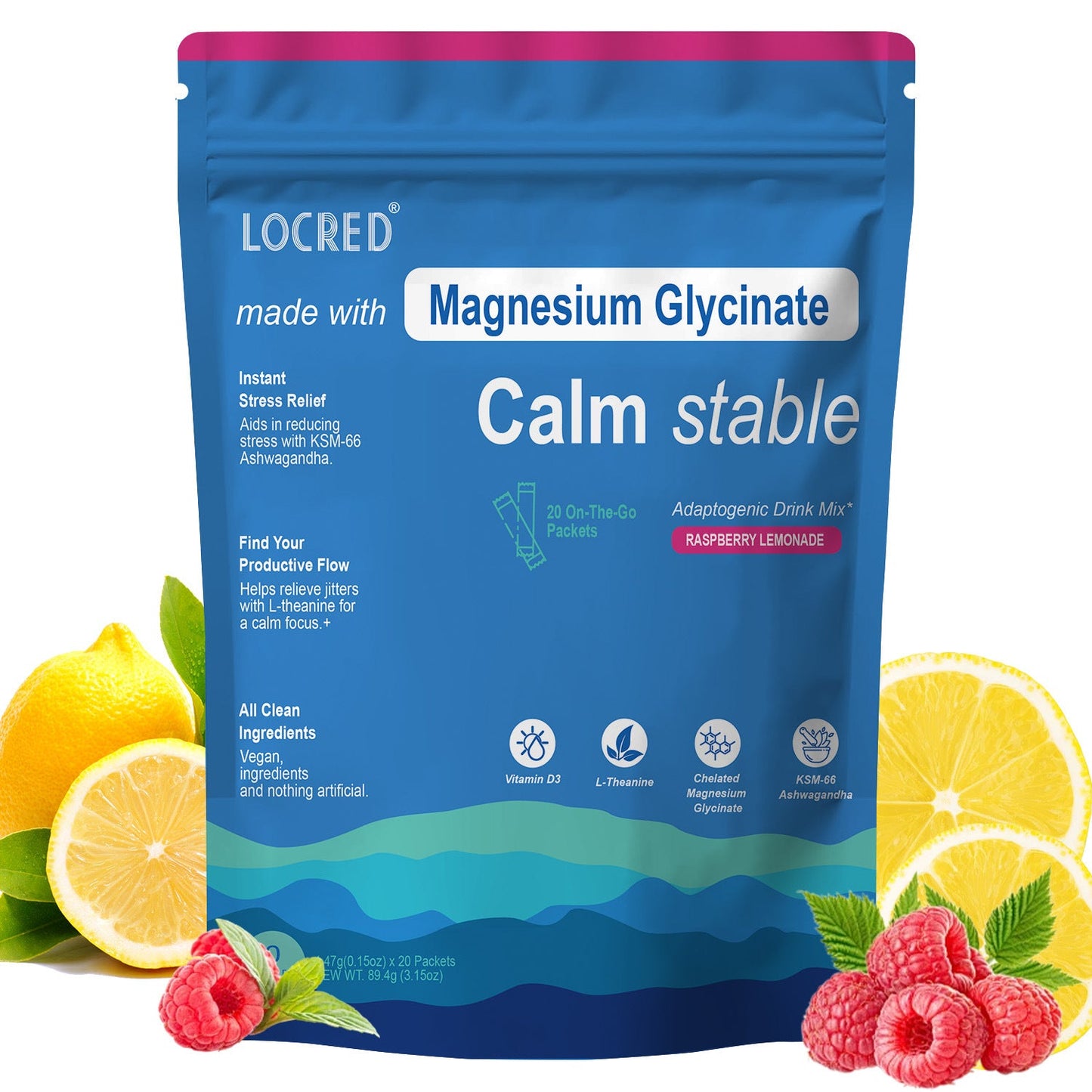 Magnesium Glycinate Calm Stable Drink Mix, Raspberry Lemon Flavor, Stress Sleep Support Powder Packets, 20 On-The-Go Packets