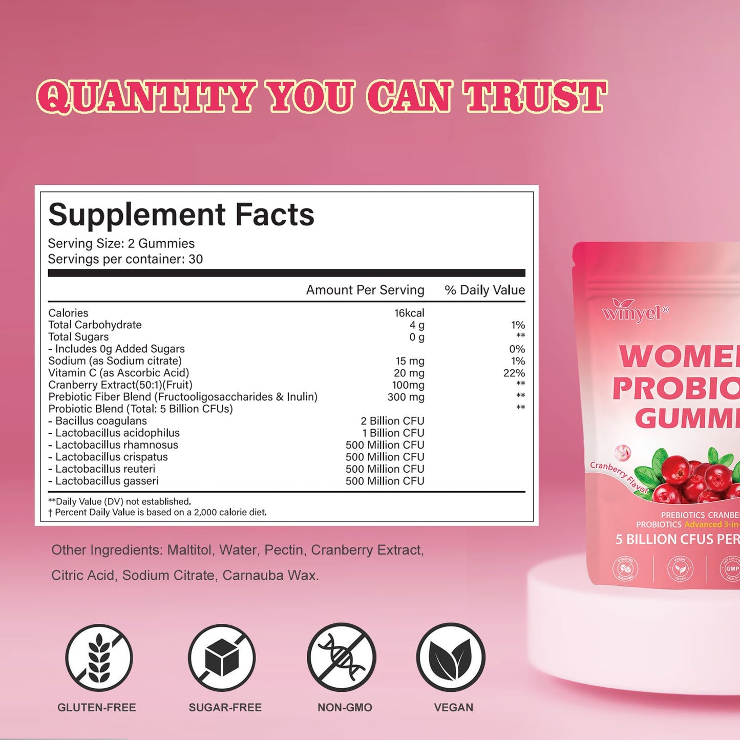 Cranberry Probiotic Gummies for Women pH Balance Body Odor Support Women’s Health Vegan 60 Gummies