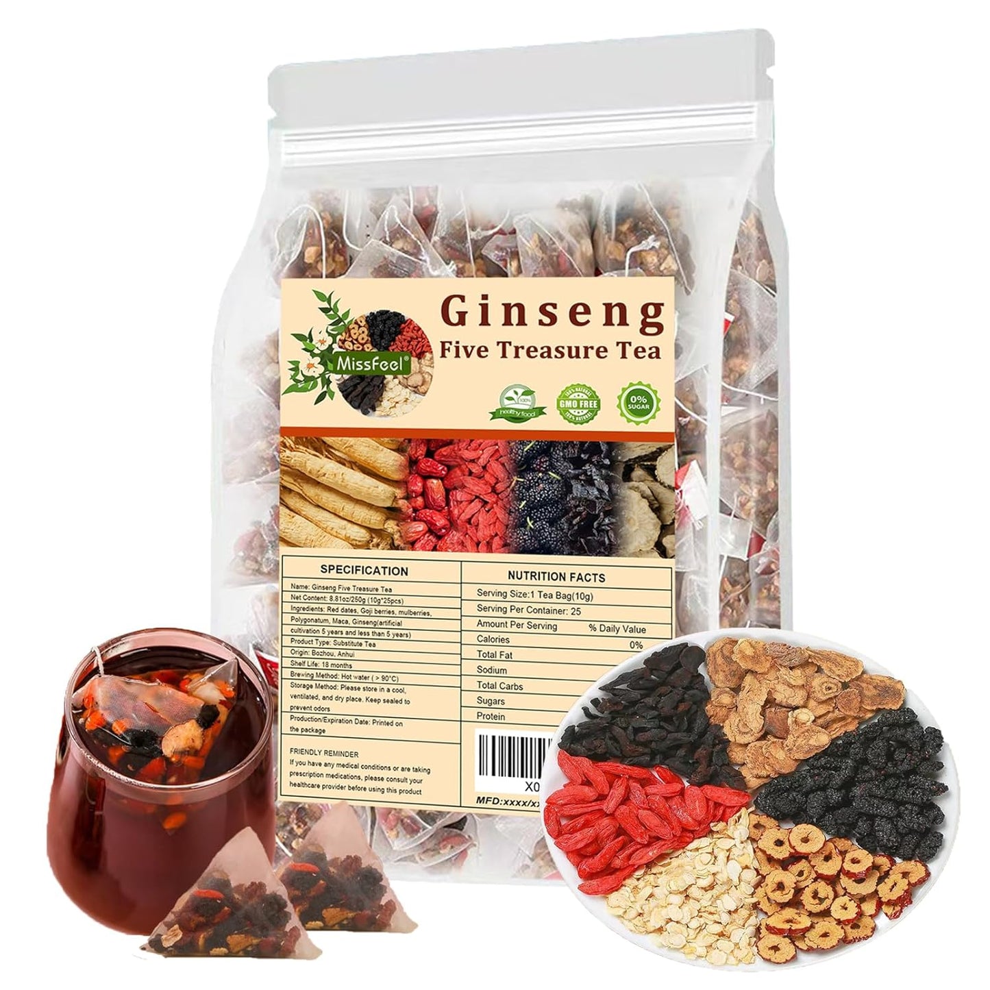 25bags Kidney Tea Formula Ginseng Five Treasure TeaCombination Scented Tea Eight Treasure Tea RedDate Wolfberry Tea Men's Tea Health TeaMulberry Herbal Formula Health Tea Beverage