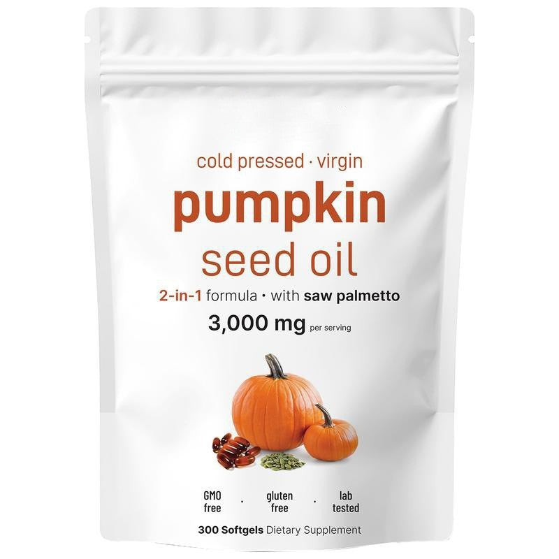 Cold Pressed Virgin Pumpkin Seed Oil with Saw Palmetto 2-in-1 Formula, 3000mg per Serving, 300 Softgels Dietary Supplement