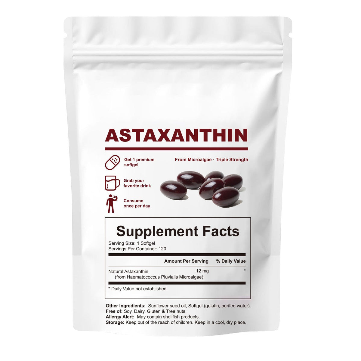 Astaxanthin 12mg Softgels - Triple Strength, From Microalgae, Antioxidant Support, Non-GMO, Gluten-Free & Dairy-Free, 120 Softgels
