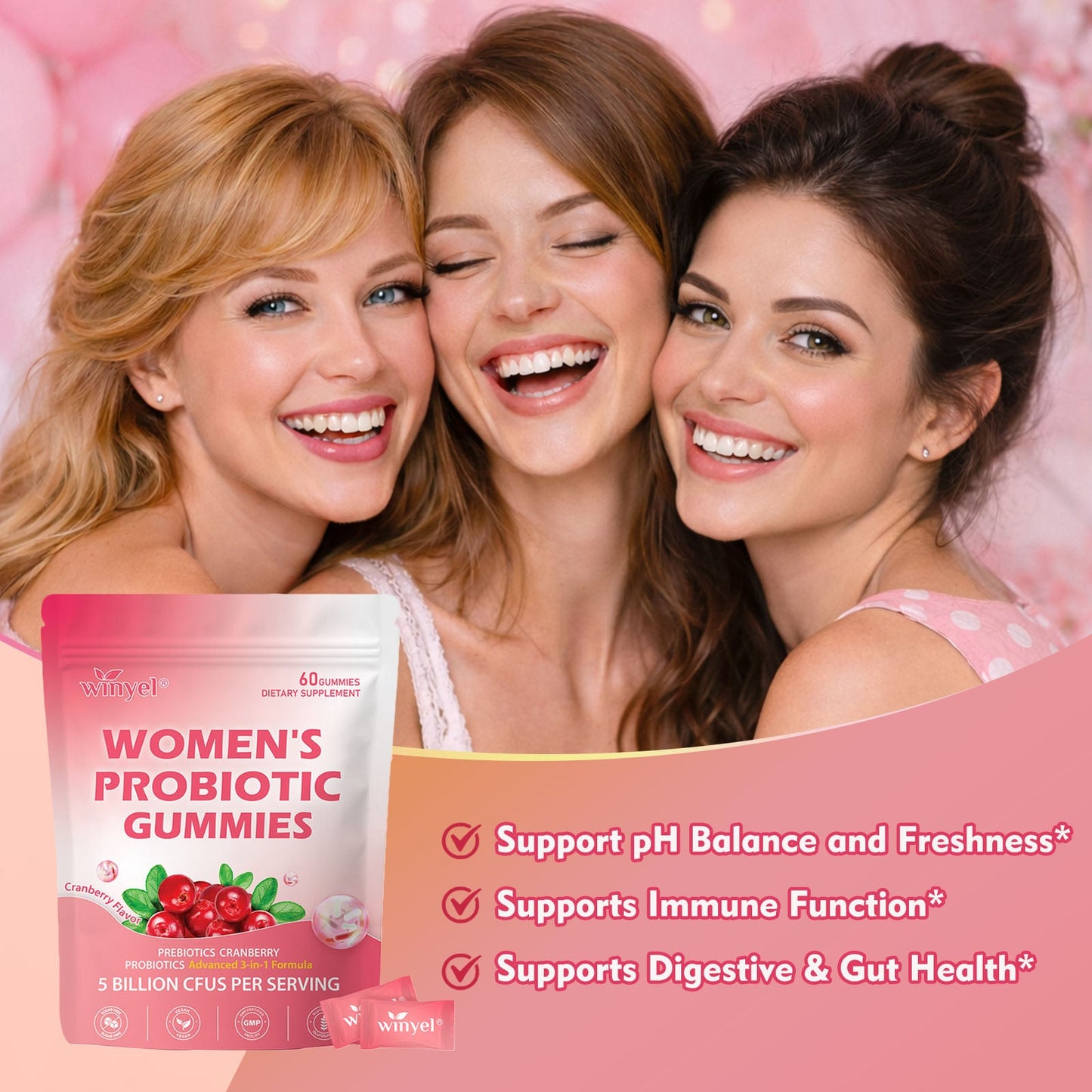 Cranberry Probiotic Gummies for Women pH Balance Body Odor Support Women’s Health Vegan 60 Gummies