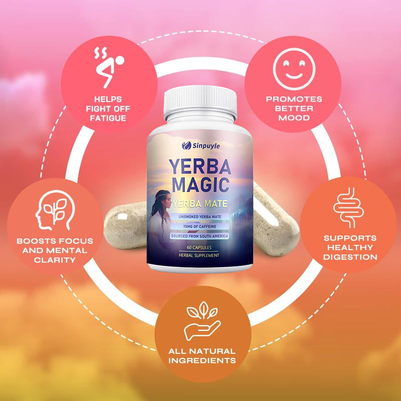 Yerba Magic Yerba Mate Pure Clean Energy Gut Health Supplements Probiotic Digestive Support Capsules Immune Support Daily Wellness 60 Capsules Bottle