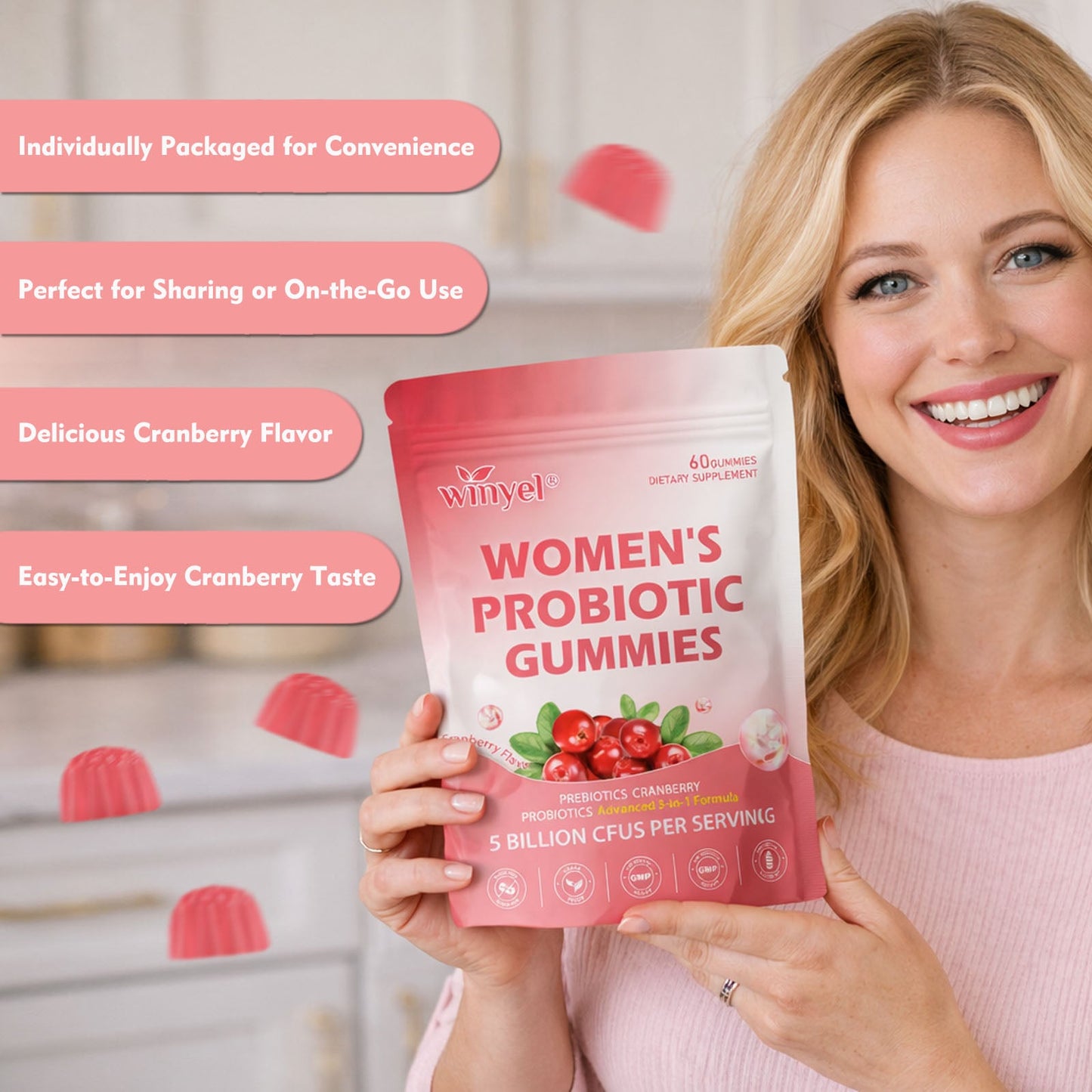 Cranberry Probiotic Gummies for Women pH Balance Body Odor Support Women’s Health Vegan 60 Gummies
